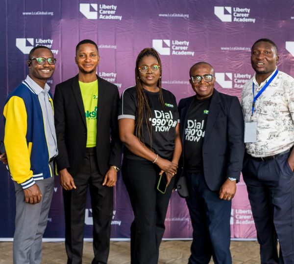 L-R: Solomon Olowe, LCA Nigeria; Alvin Afadama, PR Specialist, 9PSB; Oludara Ogunbowale, Brands & Corporate Communications Lead, 9PSB; Jesse Okpara, Agent Merchant & Acquisition Officer, 9PSB, Oputah David, LCA Nigeria at the financial literacy training session at Liberty Career Academy Summer Camp held recently